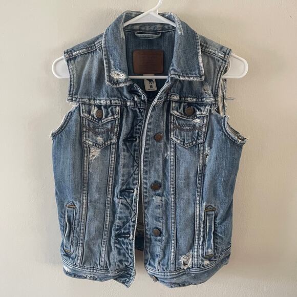 Y2K Abercrombie & Fitch Distressed Denim Vest Womens Medium Blue Casual Retro - Picture 1 of 8